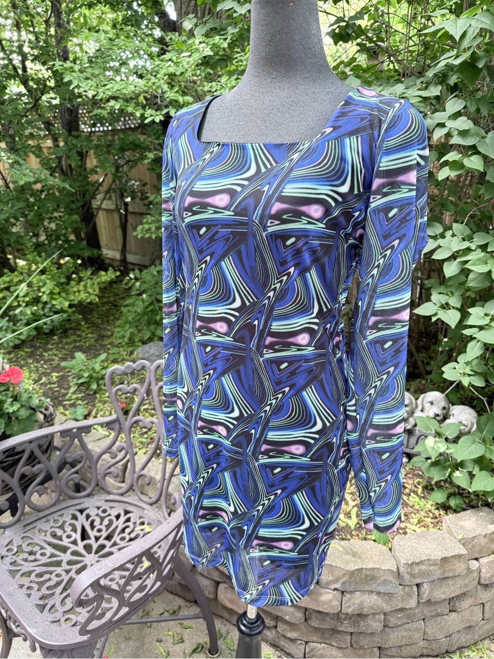 Noisy May Blue and Purple Abstract Square-Neck Mini Dress